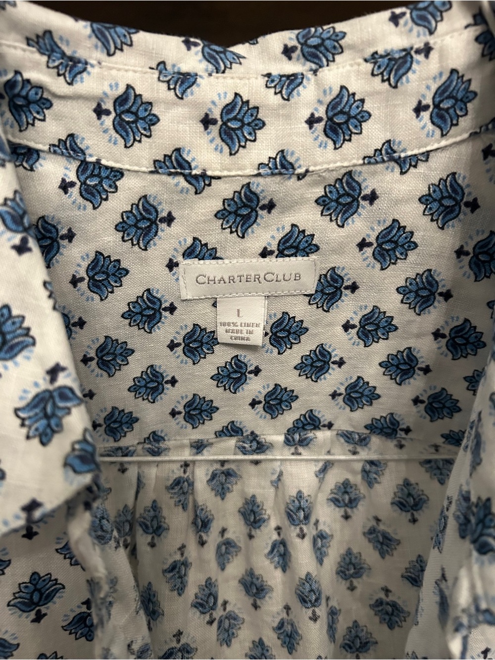 Charter Club Linen White Button-Down Shirt with Blue Floral Print - Picture 2 of 7